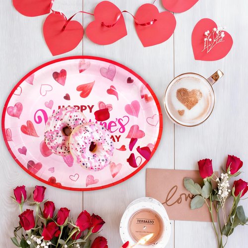 ceiba tree Valentines Day Oval Paper Plates 30Pcs Pink Red Heart Oval Paper Plates Disposable Tableware Dinnerware Set Happy Valentine's Day Party Supplies