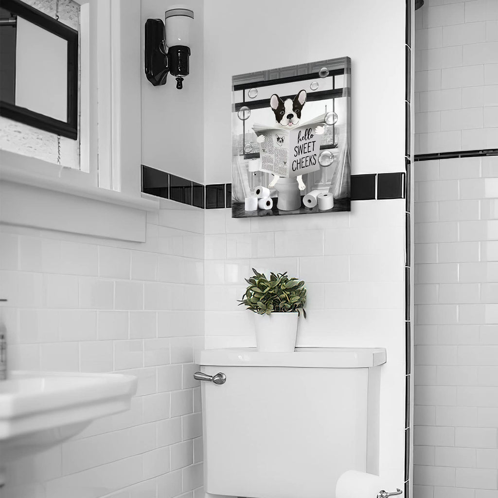 Parylore Funny Bulldog Wall Art Black and White Dog Bathroom Print Farmhouse Bathroom Animals Wall Decor Dog Sitting in Toilet Reading Newspaper Painting Framed Artwork for Toilet Bathroom 16x24 inch