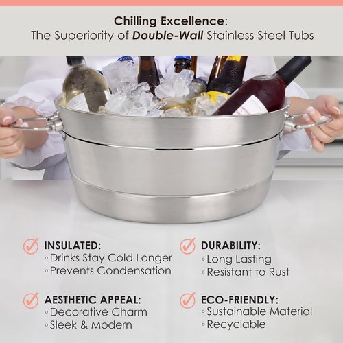 BREKX Insulated Stainless Steel Ice Bucket with Lid for Parties - Ribbed Anchored Double-Walled Large Ice Bucket for Extended Chill - Champagne Bucket for Mimosa Bar Supplies