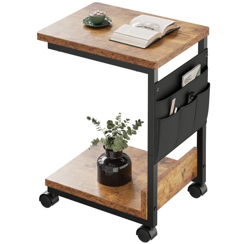 YeTom Side Table,C Table with 2-Tier Storage Shelf, End Table with a Storage Bag, Sofa Table with Wheels for Living Room, Bedroom, Office, Bathroom, Rustic Brown