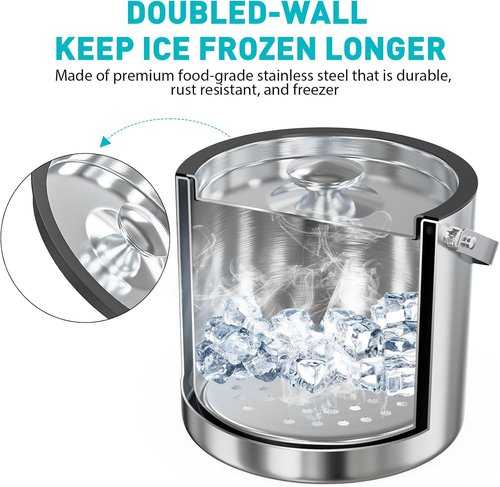 3.2L Double Wall Stainless Steel Ice Bucket with Lid,Scoop, Updated Insulated Ice Bucket for Cocktail Bar and Parties