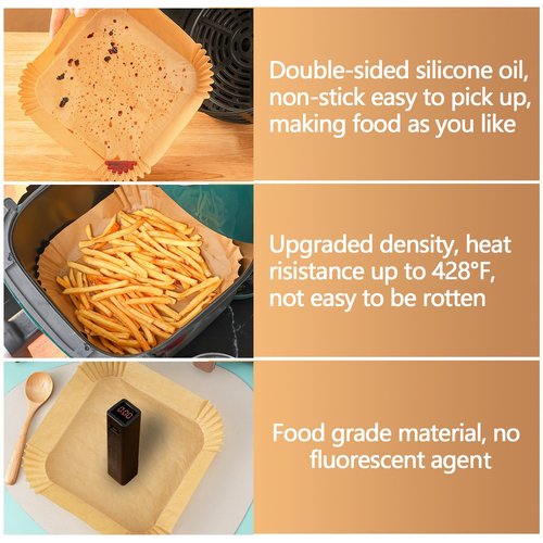 9 Inch Air Fryer Liners Disposable, 400Pcs Square Air Fryer Paper Liners, Oil-Proof & High-Temperature Resistant Parchment Baking Paper for Air Fryer, Microwave and Oven（Bottom Is 9 Inch）