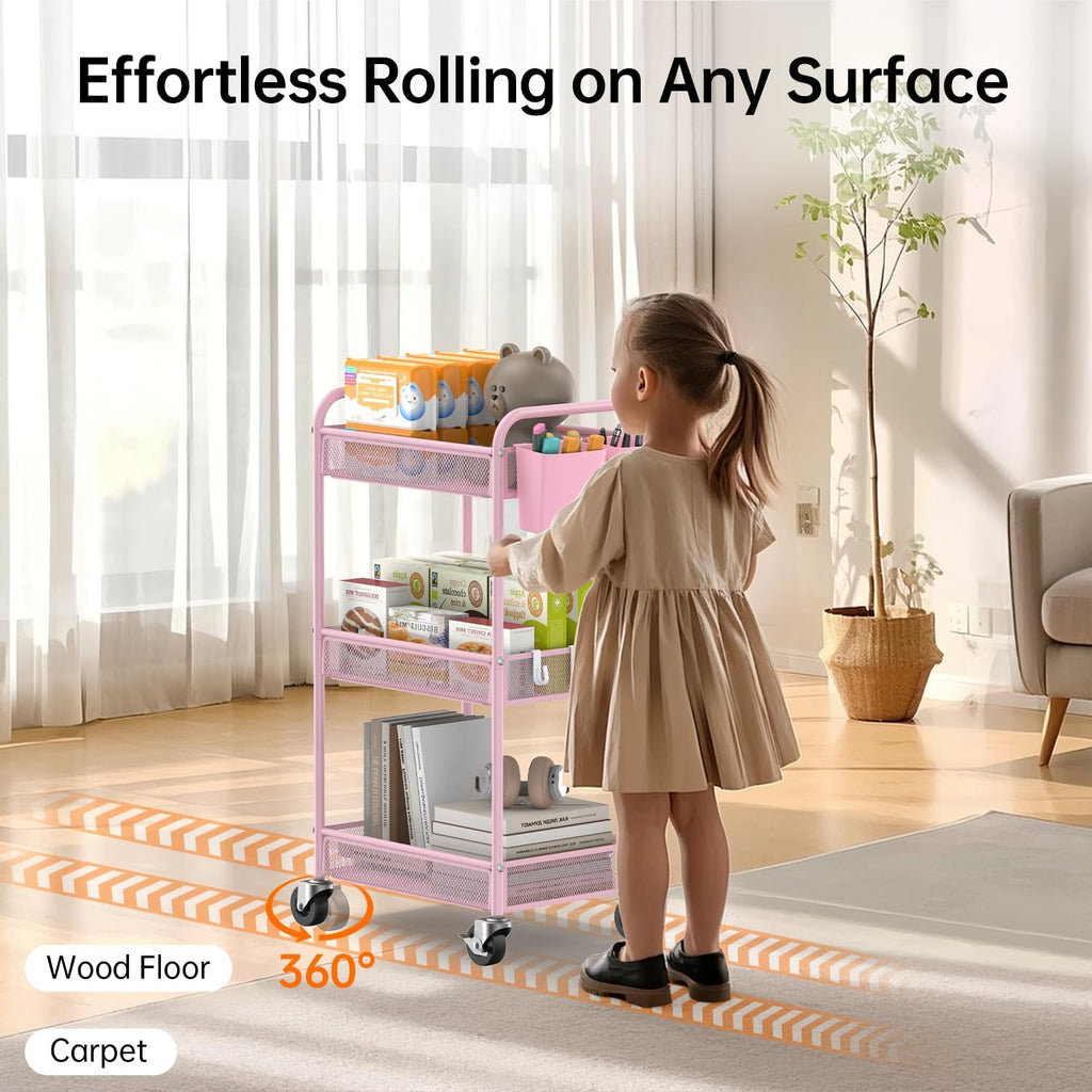 YASONIC 3-Tier Rolling Cart - Metal Utility Storage with Wheels, Craft Organizer, Pink