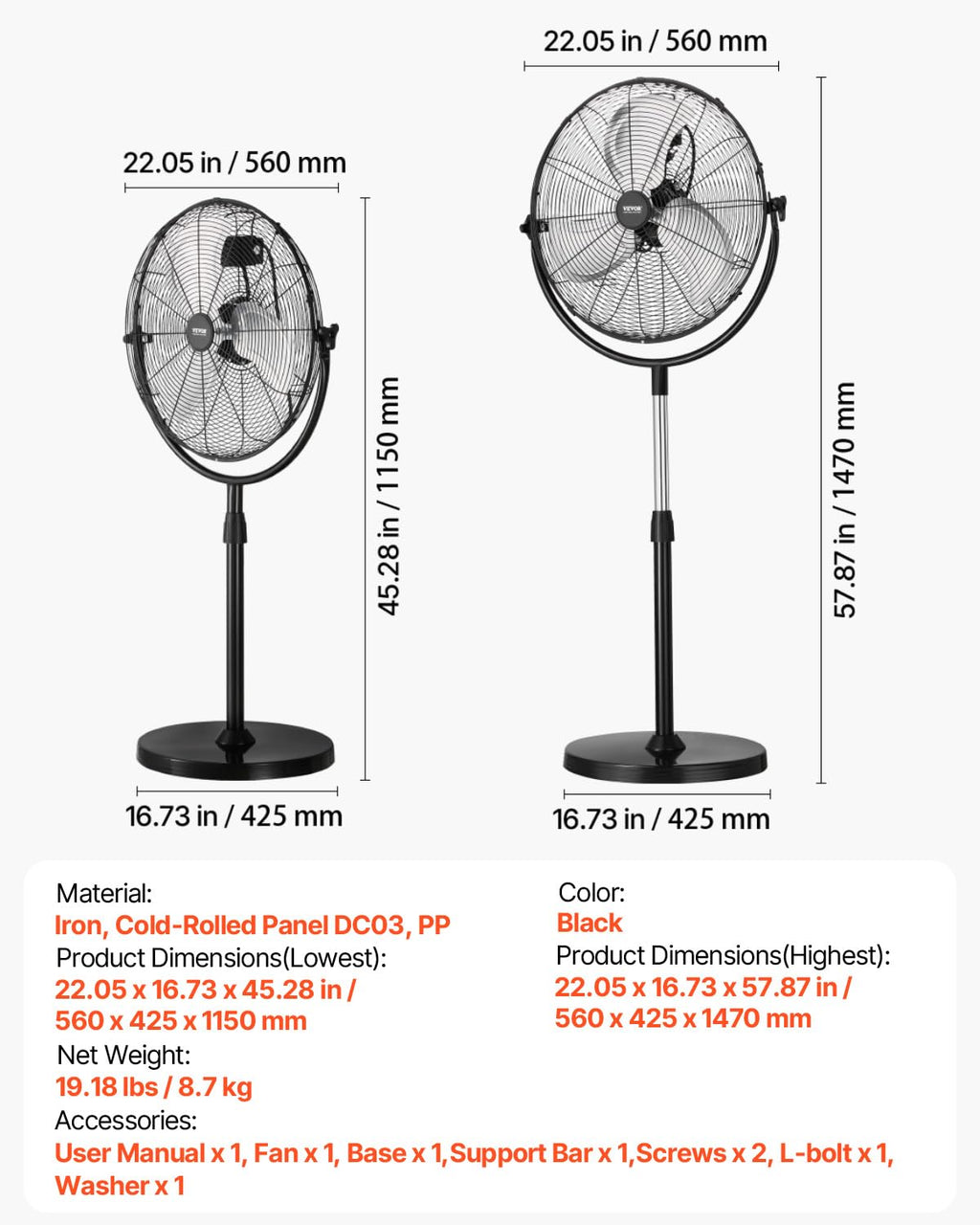VEVOR Industrial Pedestal Fan, 16 Inch 75-Degree Oscillating Fan, Height Adjustable Standing Fans with 3 Adjustable Speeds, High Power Floor Fans for Office, Copper