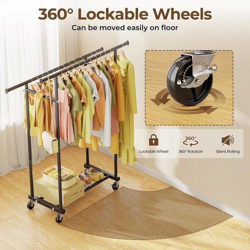 HYSEYY Rolling Clothes Rack - Sturdy Metal Garment Rack for Bedroom & Laundry | Portable Black Wardrobe