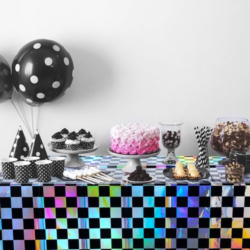Checkered Plastic Tablecloths by Iridescent | Shiny Disposable Laser Rectangle Covers - 54x108 Inch
