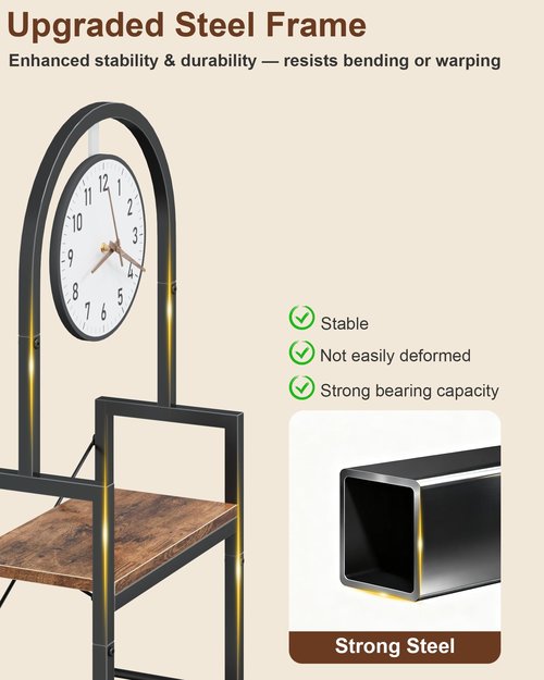 HIGDBFE Bookshelf, 4 Tier Arched Bookshelf with Built-in Clock, 68.2" Tall Narrow Bookcase, Modern Standing Book Shelf for Living Room, Bedroom, Home Office, Rustic Brown