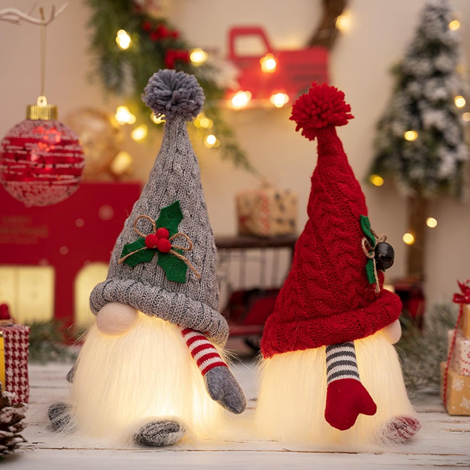Skiennix Lighted Christmas Gnome Ornaments - LED Battery Operated Decorations | 2-Pack Set (Red & Grey)