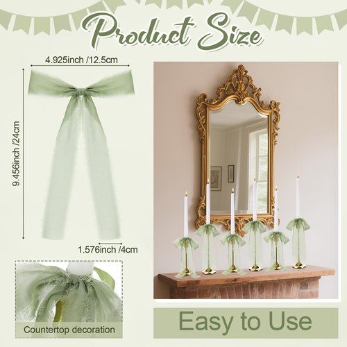 Luinabio 24 Pcs Bows Candlestick Decoration Valentine Tree Large Tie Bows Ribbon Gift Wrapping Coquette Decorations for Tree Wedding Party Baby Shower Decorations, 9.5 Inch(Sage Green)