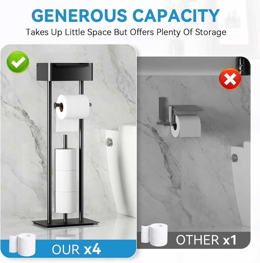 Skiennix Free Standing Toilet Paper Holder - Stylish Bathroom Organizer with Shelf for 4 Rolls | 29.7" x 12.6" (Matte Black)