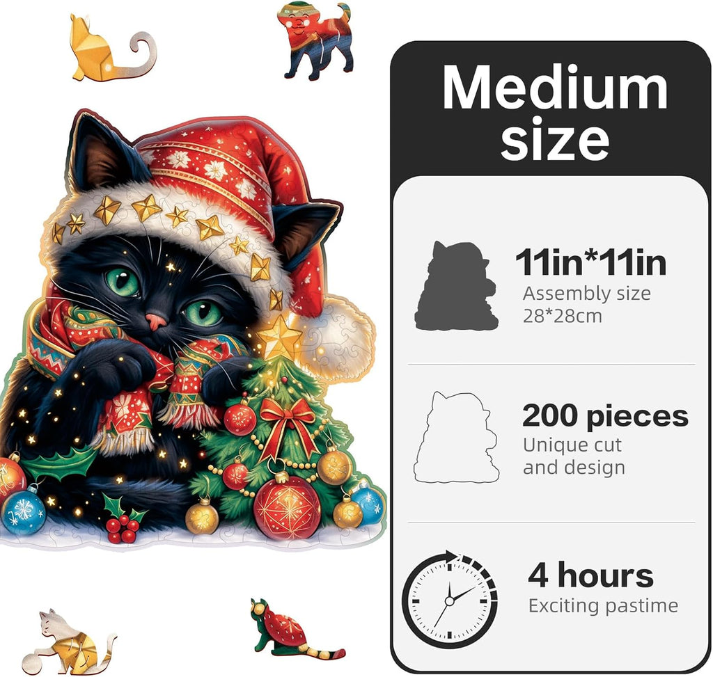 Skiennix Wooden Jigsaw Puzzle - Unique 200-Piece Christmas Cat Design | 11 x 11 Inch Challenge for Adults