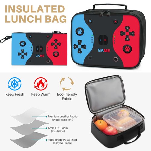 Aogebaby 3-Piece Video Game Backpack Set for Boys Teens - 16.5 Inch Large Bookbag with Insulated Lunch Box & Sturdy Pencil Case, Ideal for Elementary & Middle School, Fits Textbooks