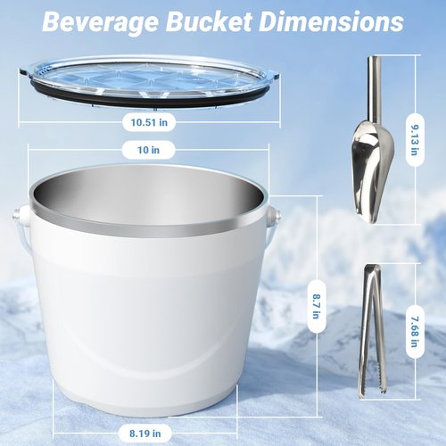 Luxfuel Insulated Beverage & Ice Bucket with Lid - Stainless Steel, Includes Scoop & Tongs, Holds 6 Longnecks or 3 Wine Bottles, Keeps Ice for Hours, Portable Handle for Parties & Outdoors (7.5L)