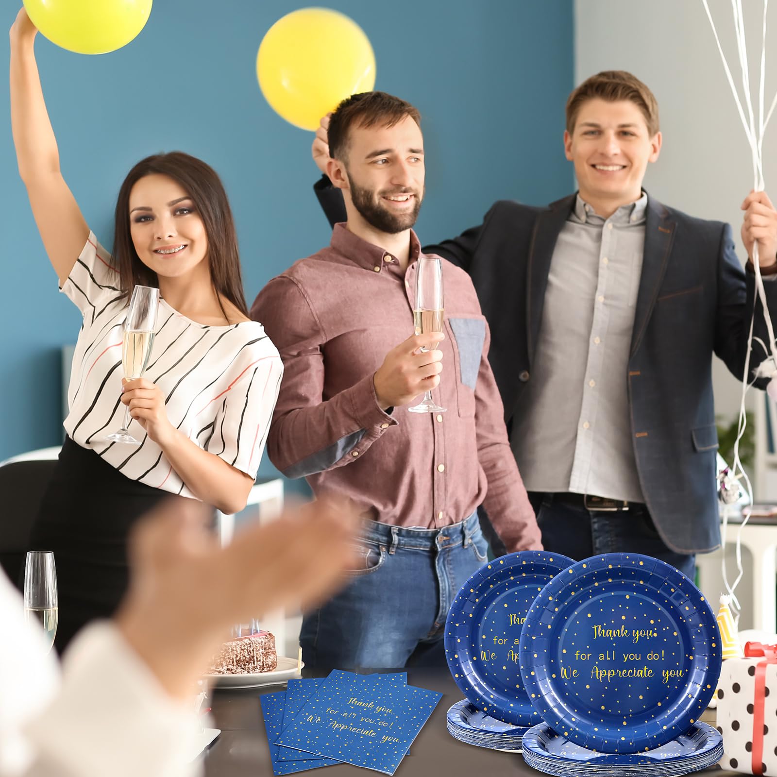 Geyoga 96 Pcs We Appreciate You Decoration Teacher Graduation Plate and Napkin Employee Appreciation Party Decorations Nurses Week 2026 Tableware for Principal Volunteer Staff(Blue and Gold,Thankful)