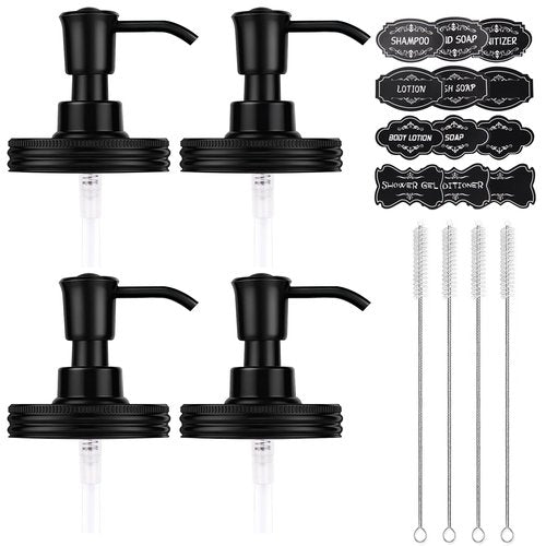 Watsango Plastic Soap Dispenser Set, 1.2CC Rustproof Pump and Lids for Regular Mouth Mason Jars, Quick Assemble Accessories for Farmhouse Kitchen Bathroom Counter Decor - 4 Pack Black