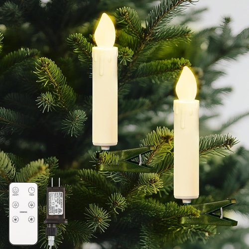 Lewondr Christmas Tree Candle Lights - 20 LED Flameless Flickering Candles with Remote Timer | Beige Holiday Ornaments