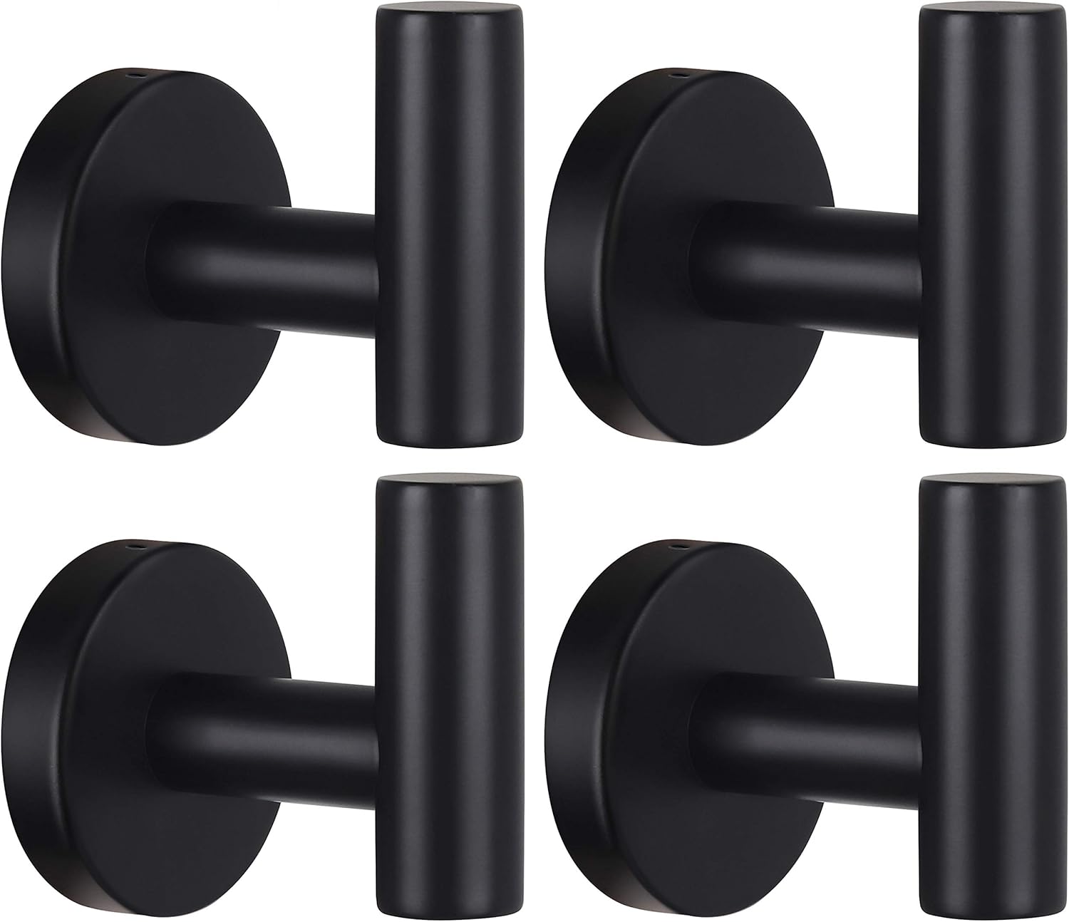 Skiennix Heavy-Duty Towel Hooks - Versatile Wall Hanger for Bathroom, Kitchen & Closet | 4-Pack Black