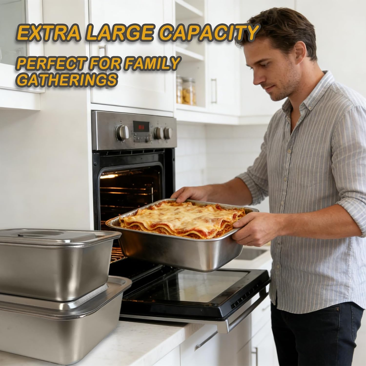 Stainless Steel Baking Pan Set by [Brand Name] - 2-Piece Lasagna & Roasting Pans with Lids | 4-Inch Deep, 7.4 QT + 5.1 QT