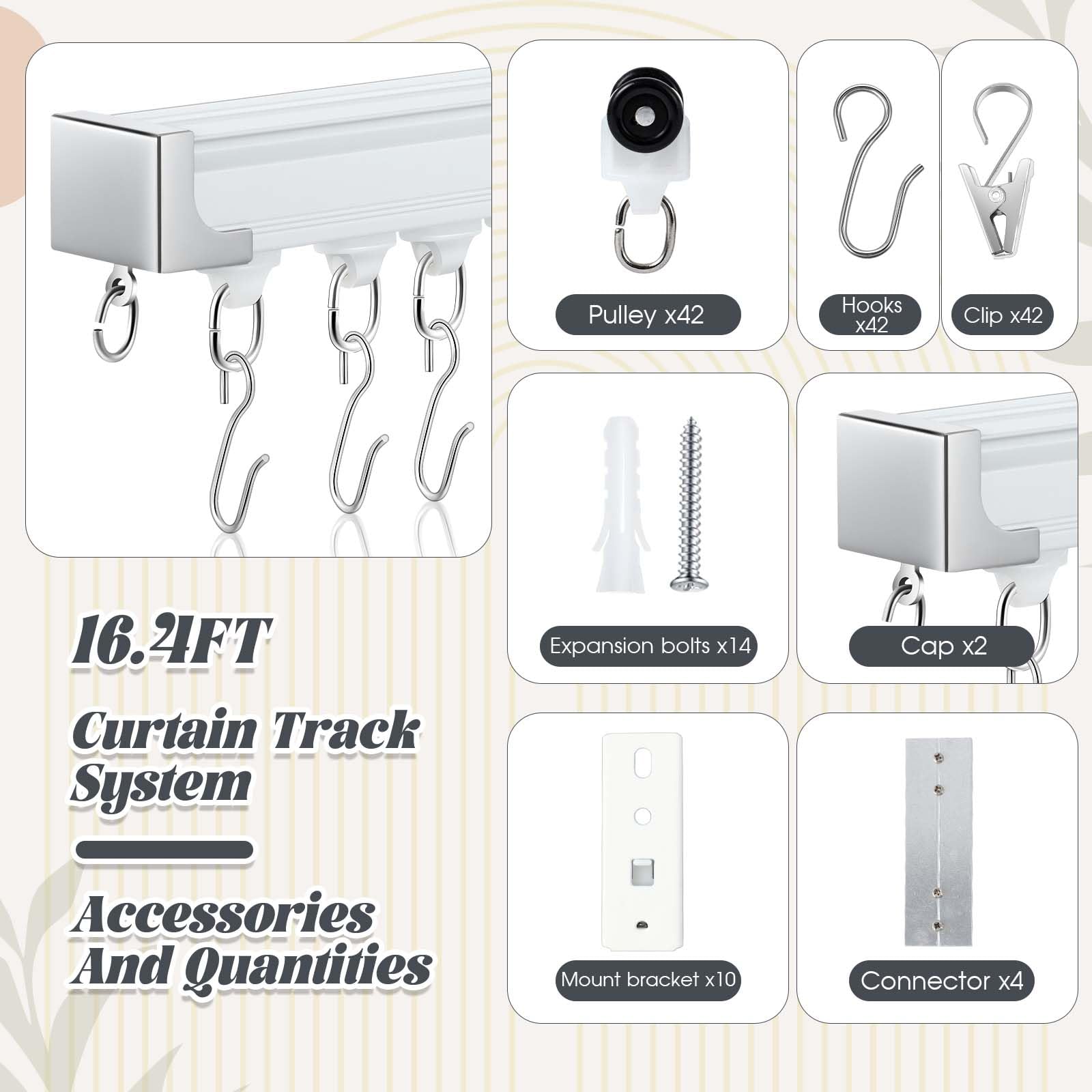 Juexica Ceiling Curtain Track Set White 13.2ft-16.4ft Heavy Duty Ceiling Mount Adjustable Length Curtain Rails with Clips Hooks End Hook for Room Divider