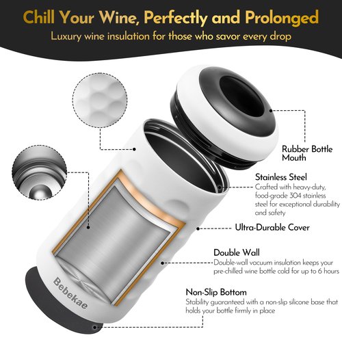 Keep Wine Cold for 6+ Hours Wine Chiller – Double Walled Stainless Steel Wine Bottle Chiller | Vacuum Insulated Wine Chillers for Bottles | Fits Most 750ml Wine & Champagne Bottles