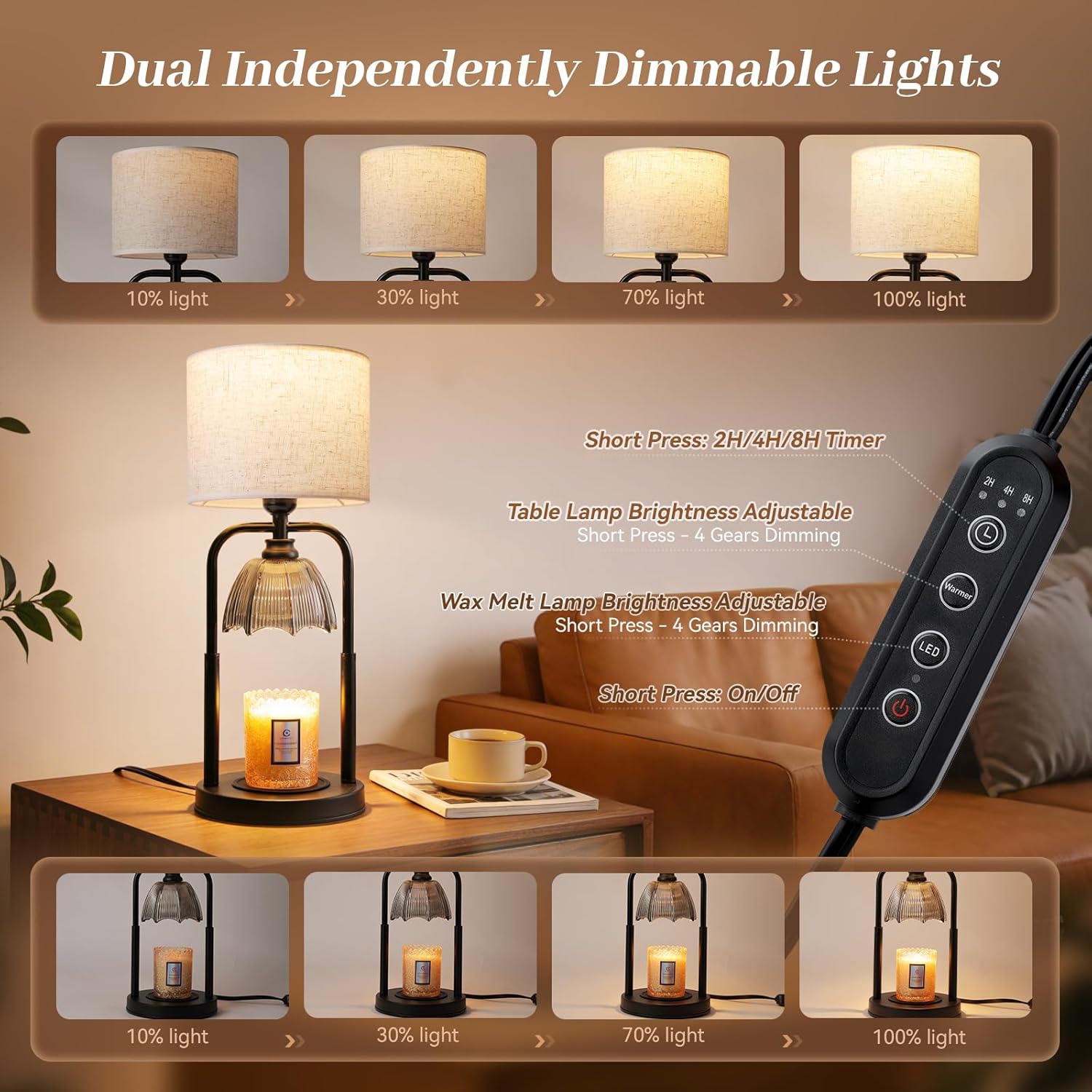 Skiennix Safe Candle Warmer Lamp - Flameless Electric Wax Melt Warmer for Large 3-Wick Candles | Adjustable Height, Timer, Black