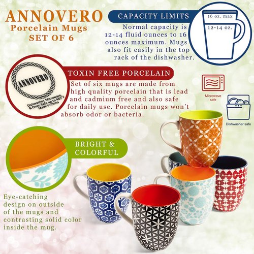 Annovero Mugs, Dessert Bowls | Kitchen Serving Dishes | Microwave Oven Safe | Colorful Porcelain Dinnerware