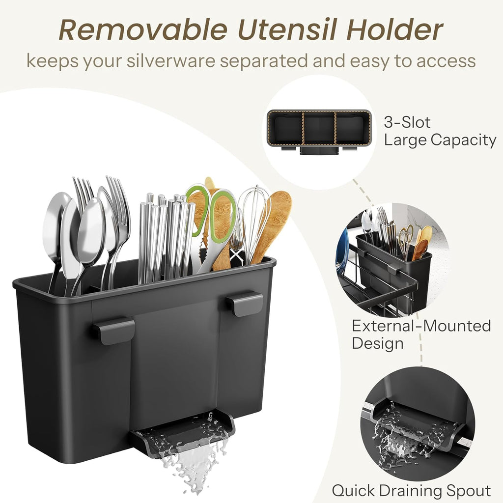 SNTD Dish Drying Rack - Space-Saving Stainless Steel Kitchen Dish Drainer with Utensil Holder | 11" W x 15" L (Black)
