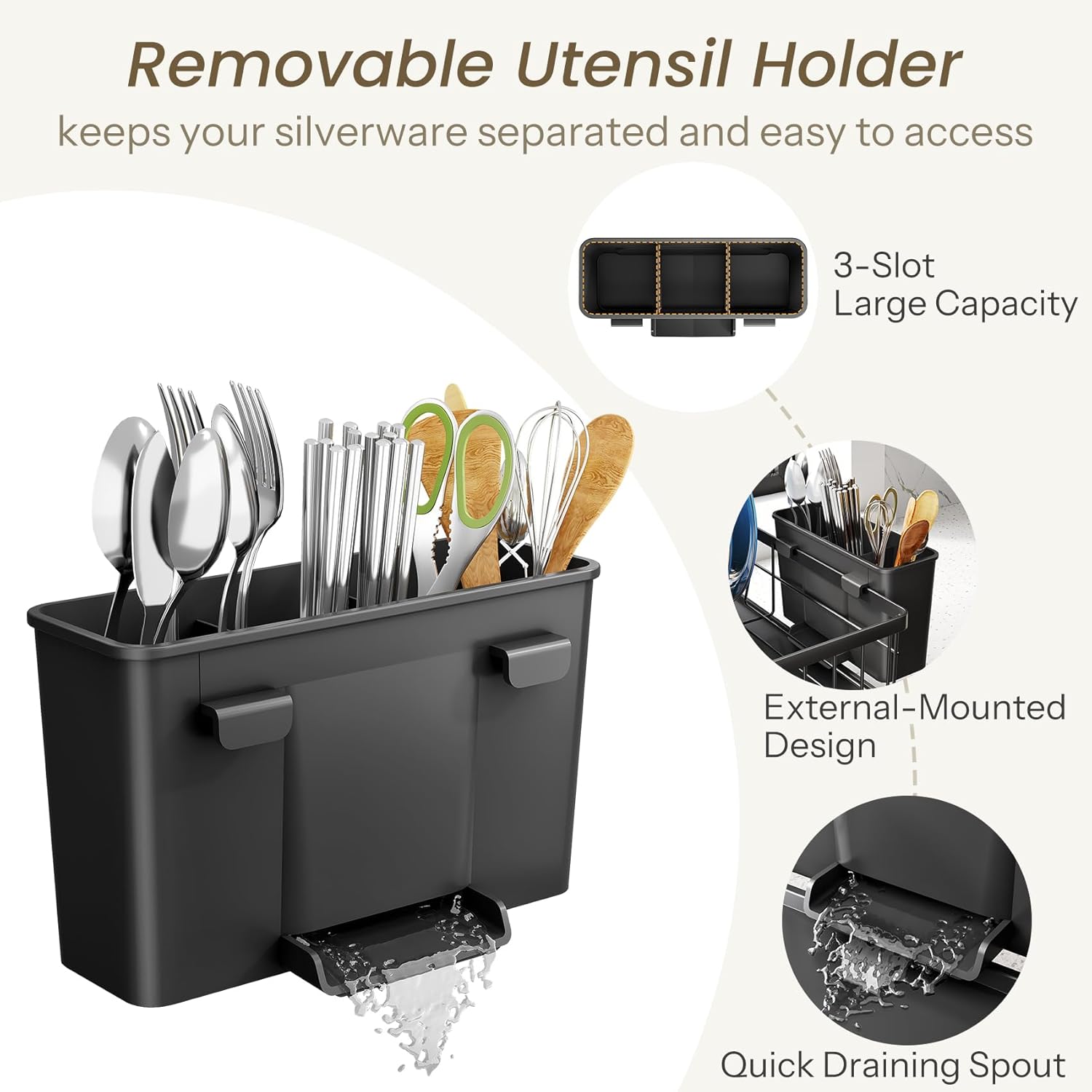 SNTD Dish Drying Rack - Space-Saving Stainless Steel Kitchen Dish Drainer with Utensil Holder | 11" W x 15" L (Black)