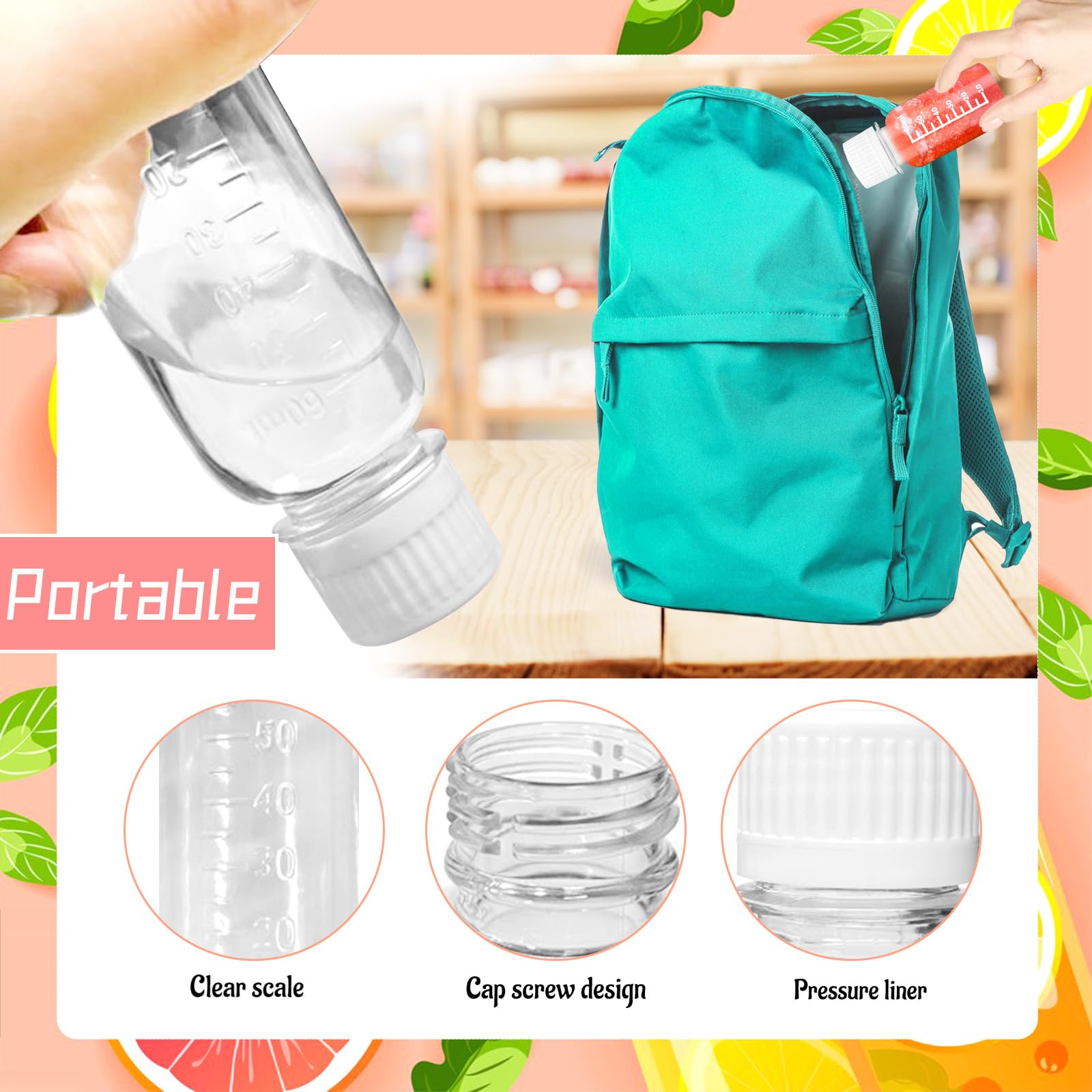 Szsrcywd 30Pcs 2oz Small Shot Bottles with Caps,Plastic Juice Bottle Reusable Ginger Beverage Containers Jars with Scale for Liquids,Beer,Coffee,Smoothies Portable Travel Bulk