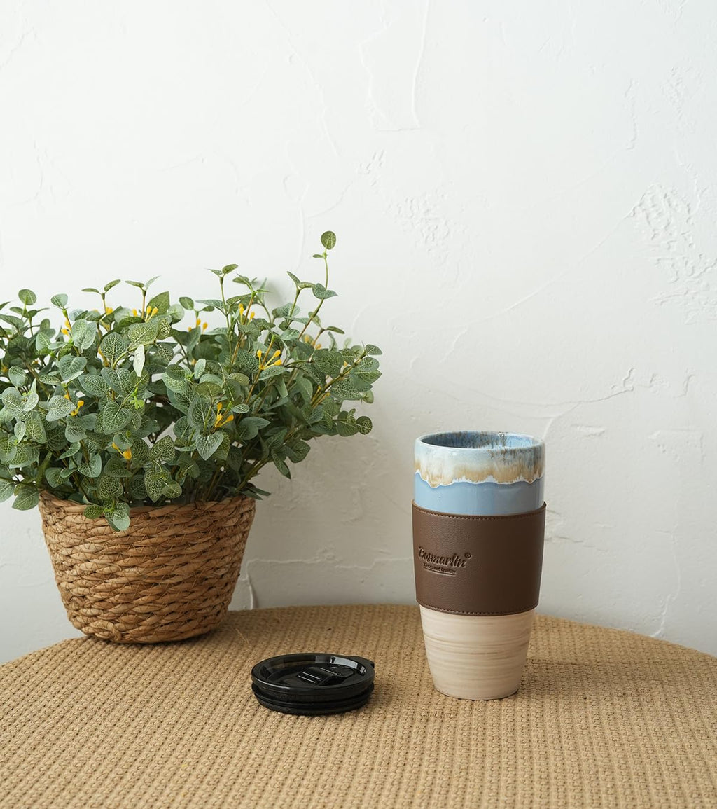 Bosmarlin Ceramic Travel Coffee Cup with Lid, 21 oz, Portable Coffee Mug for Car Cup Holder, Microwave and Dishwasher Safe, Reactive Glaze (Light Blue)