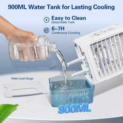 BriteZen Portable Air Conditioners, 3 Wind Speed with Icy Mist Mode Portable AC Unit, 900ML Tank Evaporative Air Cooler Fan Blow Cold Air, Mini Cooling Fan with 2/4H Timer 7 Lights for Bedroom Office