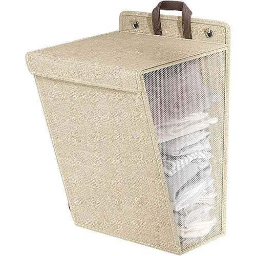 Foldable Laundry Basket with Lid with Handles, Foldable, Hanging Laundry Basket, Laundry Organiser, Mesh Design on Both Sides, Breathable Laundry Organiser (Beige)