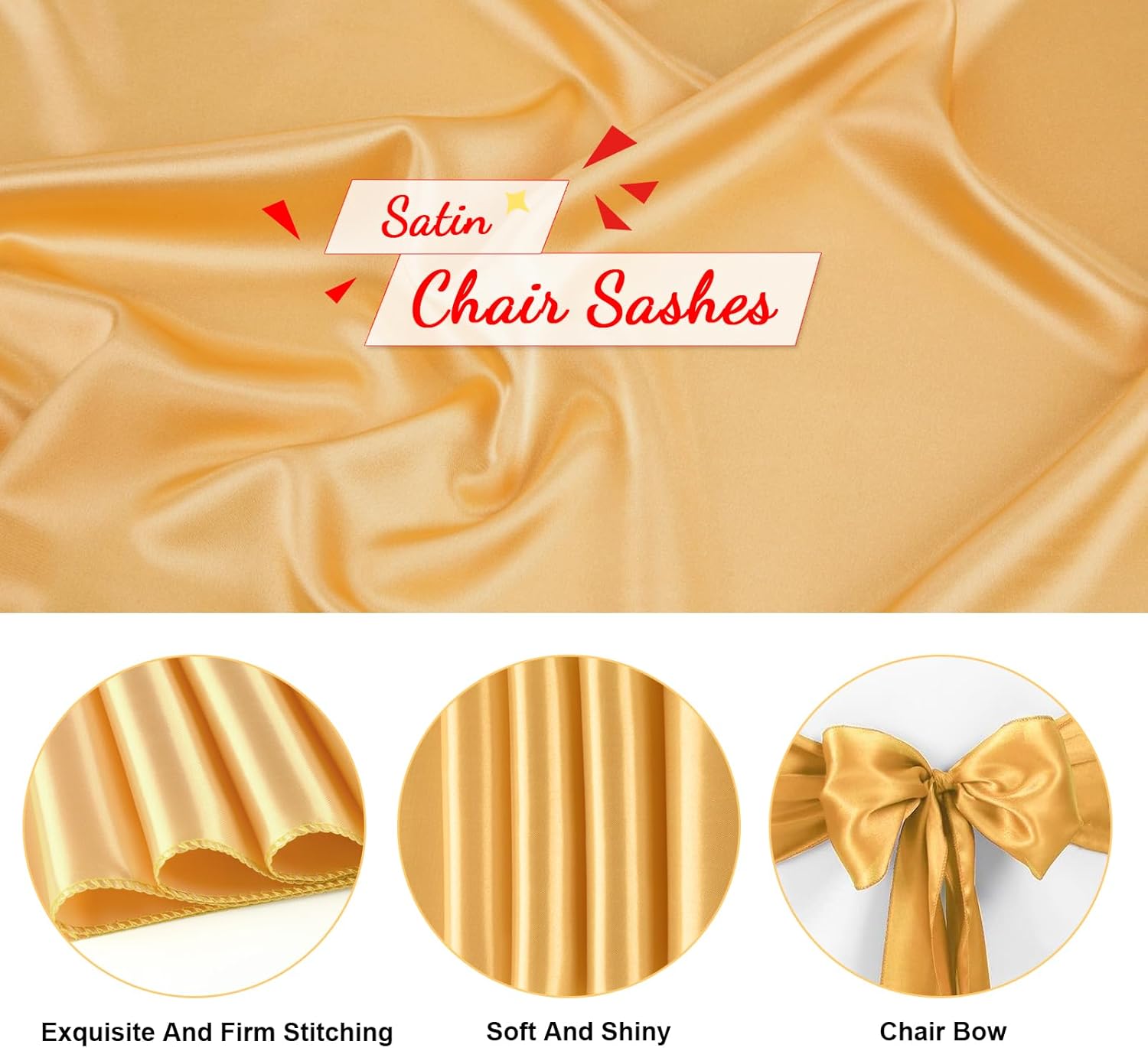 Skiennix Gold Satin Chair Sashes - Elegant Bows for Weddings & Events | 10 PCS, 7x108 Inch