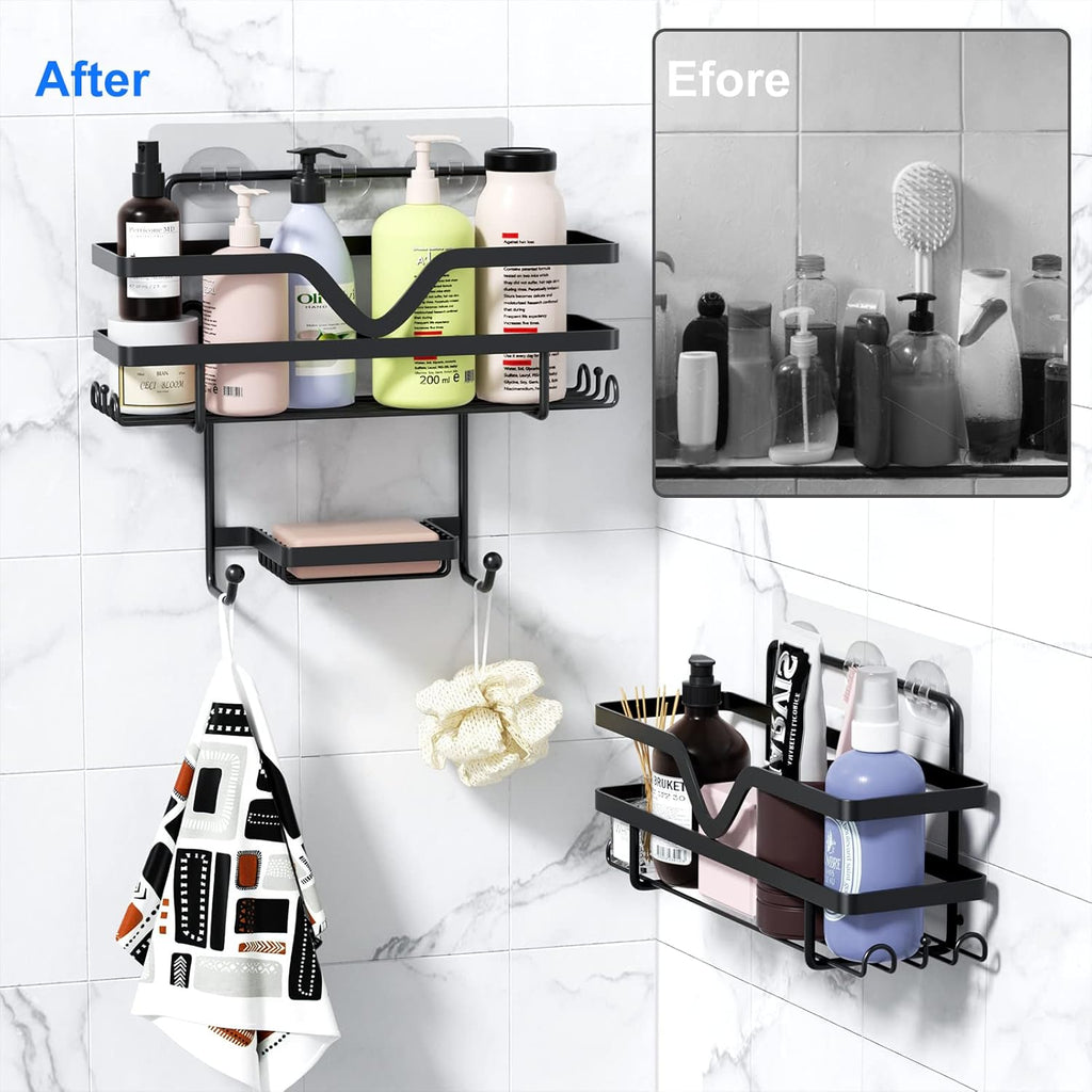 Regine Switzerland Shower Caddy 3 Pack - Rustproof No Drill Organizer with Soap Dish & Hooks | Black