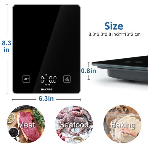 BAKFEE IP67 Waterproof Food Scale with Tempered Glass Surface, 22lb Kitchen Scale 1g Precision, USB Rechargeable, LED Display, Grams and Ounces, for Baking, Cooking, Making Sourdough Bread. Black