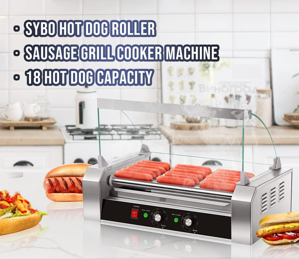SYBO Hot Dog Roller - 18 Capacity Non-Stick Stainless Steel Rollers with Detachable Glass Cover