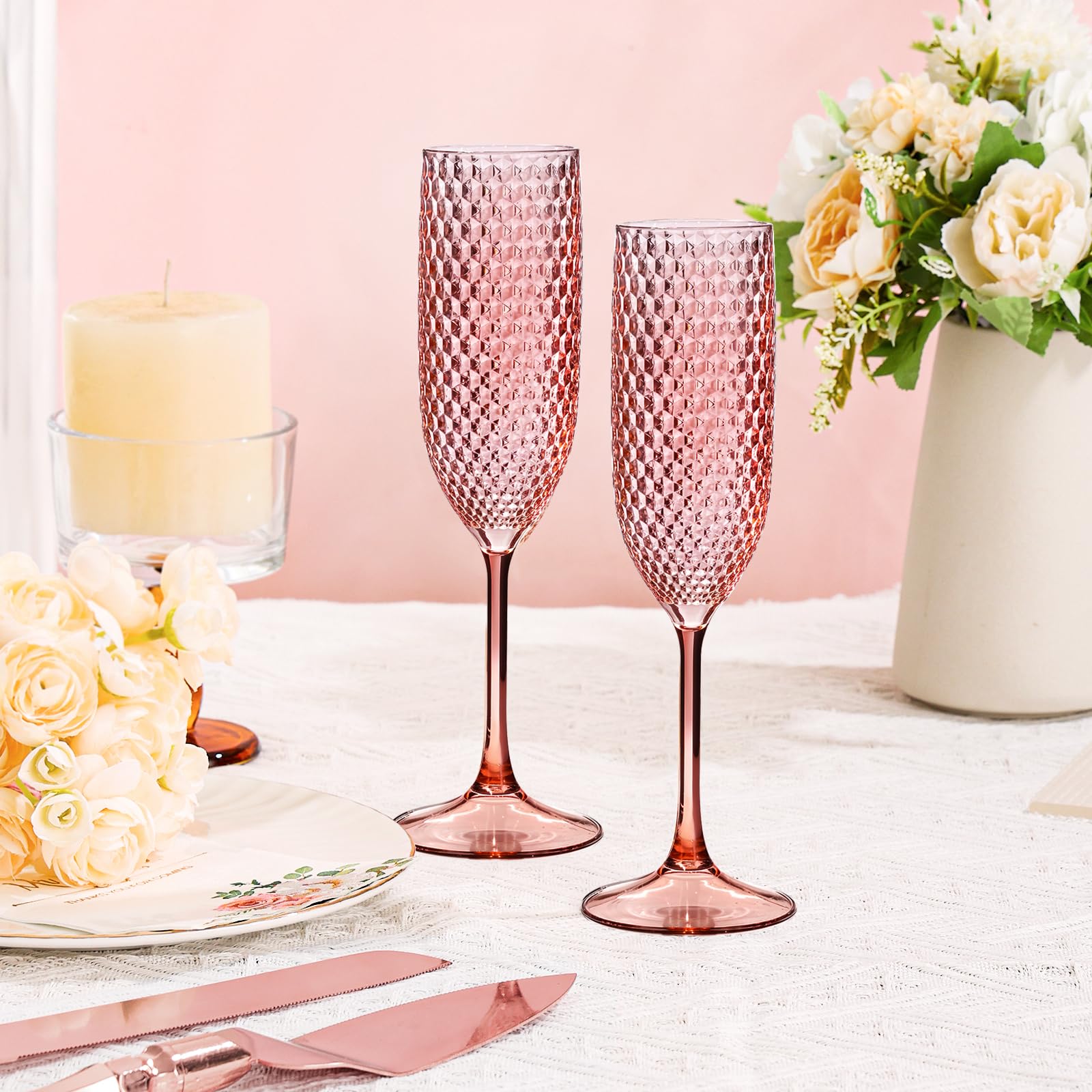 ZOMUIA 12 Pack Plastic Champagne Glasses Unbreakable Champagne Flute Acrylic Wedding Toasting Crystal Goblets Reusable Diamond Wine Glasses for Wedding Anniversary Birthday Party, Amber Gold 5.5 oz