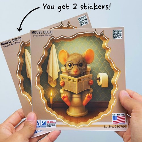 GRITKULTURE Removable Mouse Sitting on Toilet in Mouse Hole Decal Sticker 5.1inch 2 Pack. Mouse Hole in The Wall Sticker with 3D Effect. Wall Decoration, Funny Gift, Potty Training, Prank (#1)