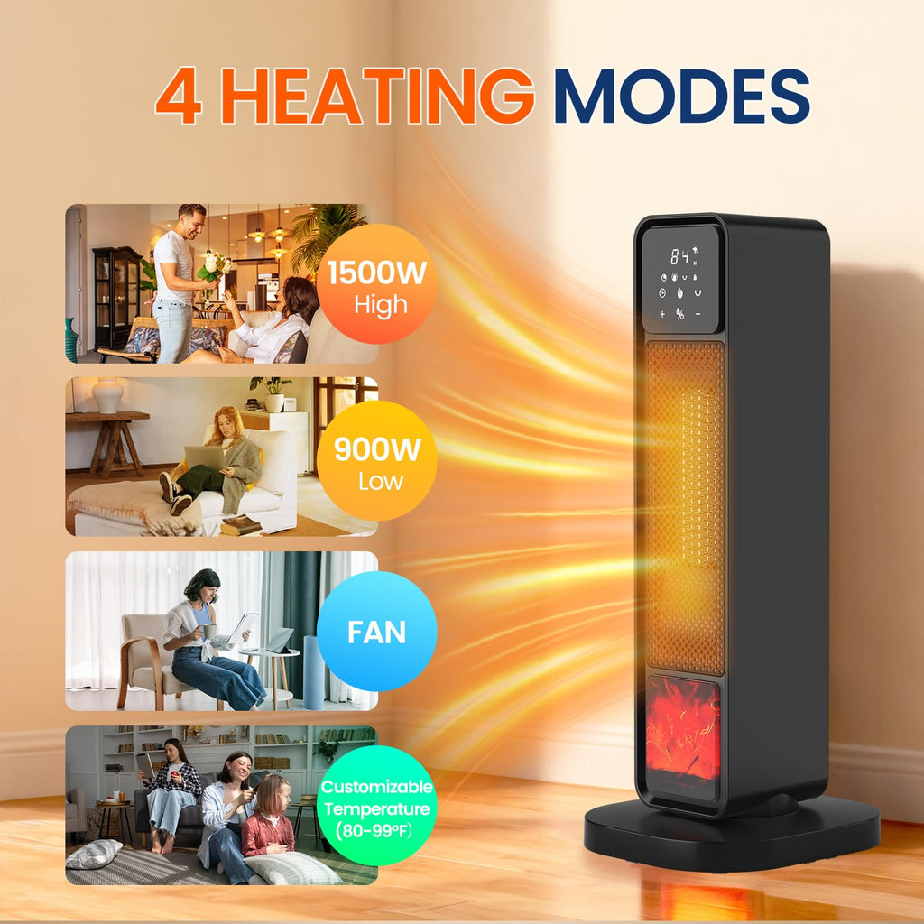 Space Heater Indoor, 1500W Electric Warm Air Blower with 3D Flame& 70° Oscillation Portable Indoor Ceramic Warmer for Bedroom & Office