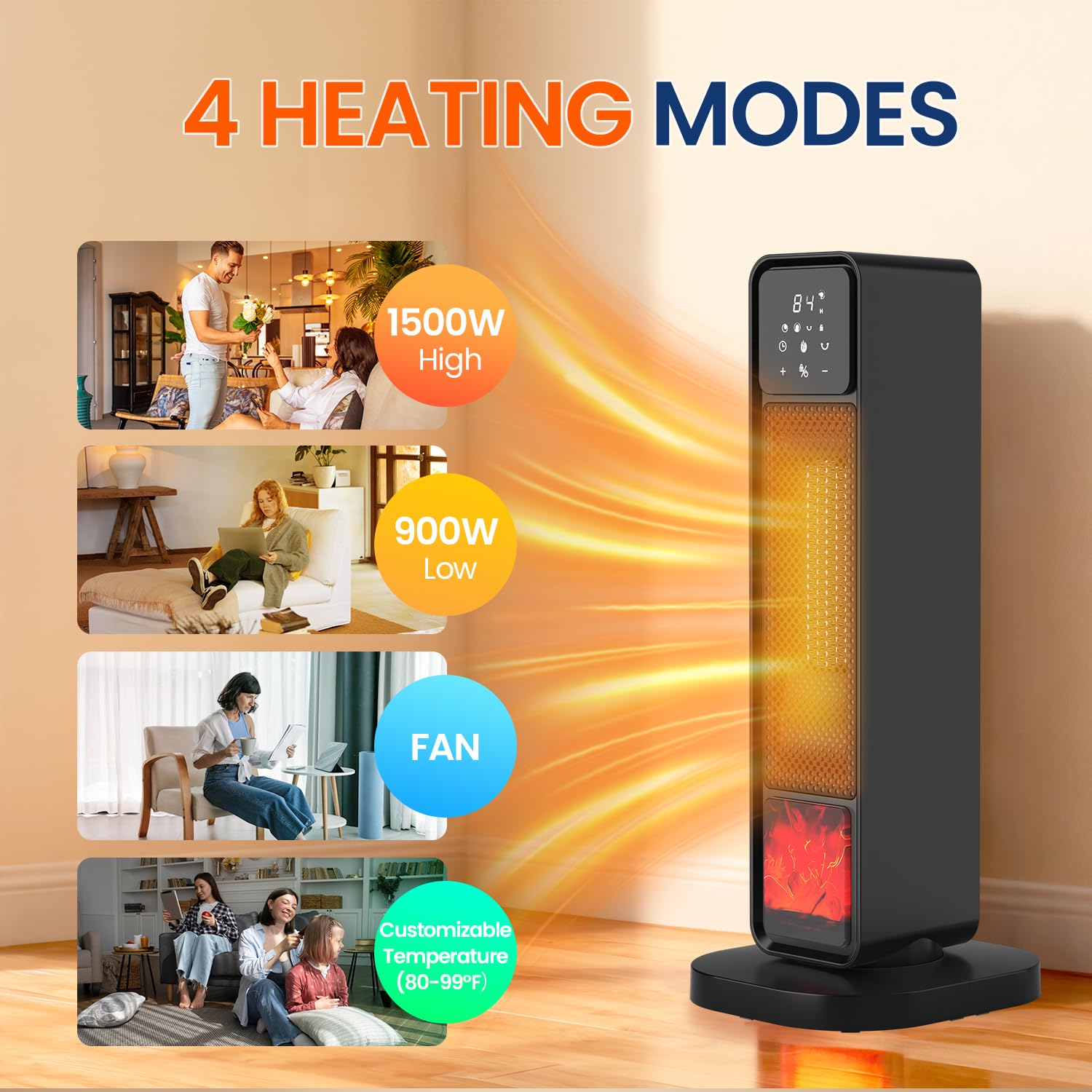 Space Heater Indoor, 1500W Electric Warm Air Blower with 3D Flame& 70° Oscillation Portable Indoor Ceramic Warmer for Bedroom & Office