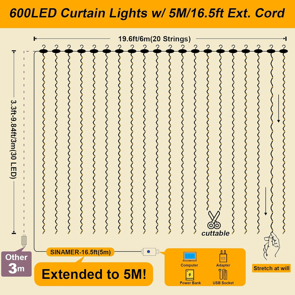 Skiennix 600 LED Curtain Lights - 19.6ft x 9.8ft Fairy String Lights with 24 Hooks | 8 Modes for Wedding, Party, Xmas Decor, Warm White