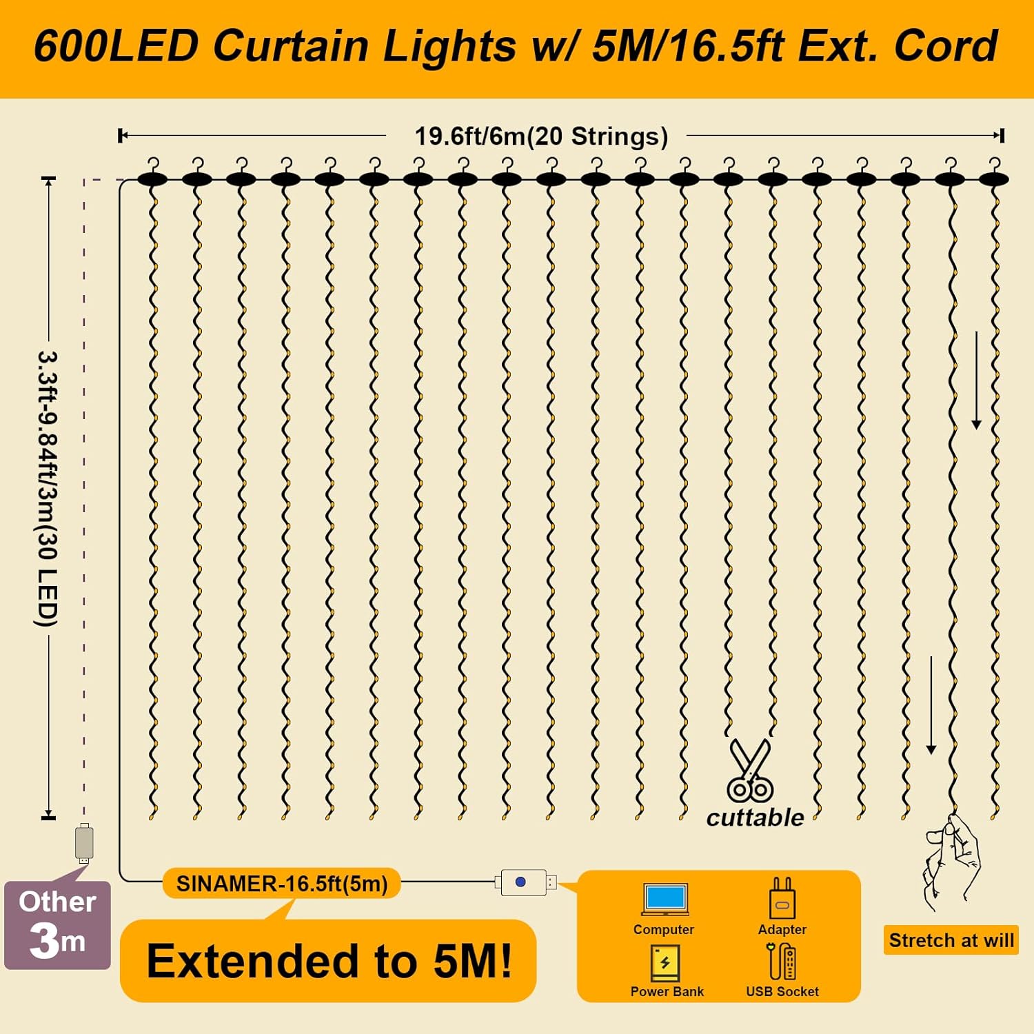 Skiennix 600 LED Curtain Lights - 19.6ft x 9.8ft Fairy String Lights with 24 Hooks | 8 Modes for Wedding, Party, Xmas Decor, Warm White