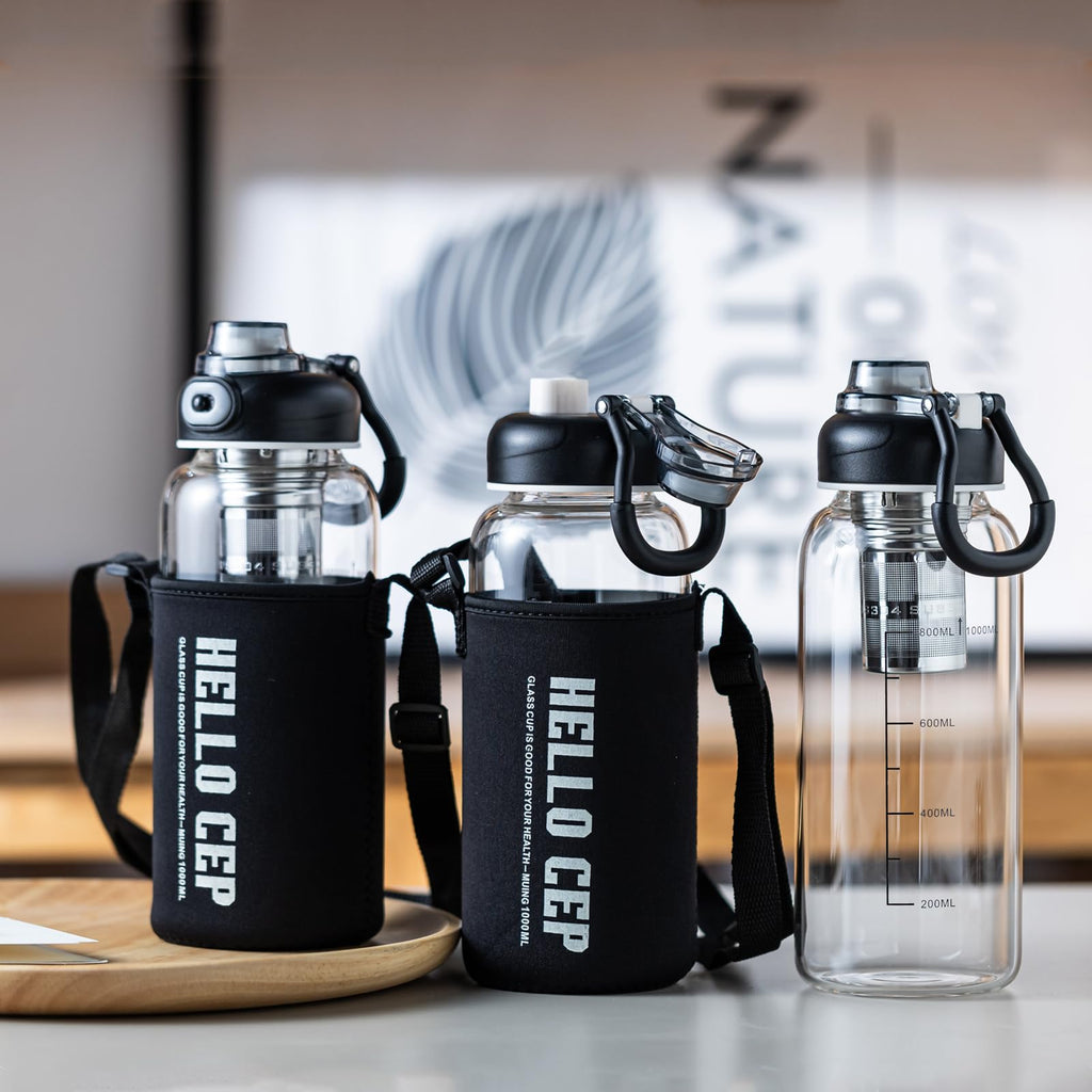 wangsdjy 34oz Glass Water Bottle with capacity Mark & Stainless Steel Tea Strainer-Large Capacity for Hot/Cold Drinks,Coffee,Tea,and Water-Includes Protective Sleeve,Perfect for Home,Office (34oz2PCS)