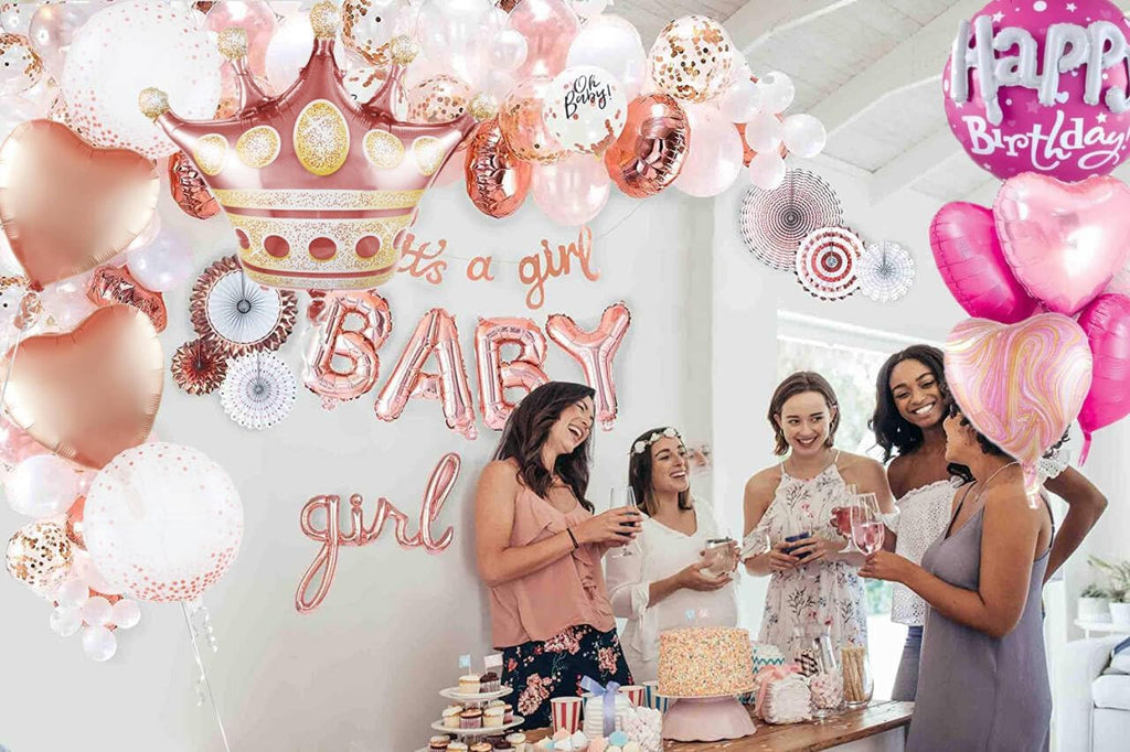 Rose Gold Crown Mylar Balloons - Large Round Pink Birthday Balloons Set for Women's Celebrations