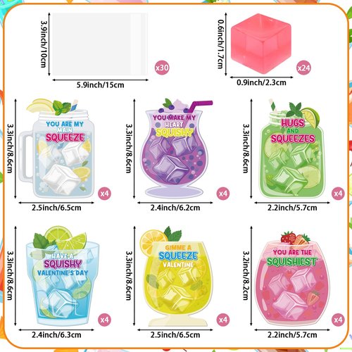 Lemicin 24 Pack Valentines Day Ice Cube Shaped Squeeze Balls with Drink Cards Stress Relief Squeeze Fidget Toys Exchange Gift for Kids Teens Adults Classroom Valentines Cards Party Favors