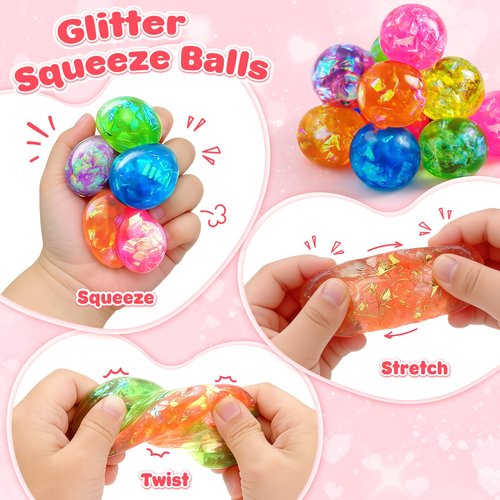Valentines Day Cards for Kids School - 24 Pack Glitter Stretchy Balls, Valentines Day Gifts for Kids, Squeeze Stress Fidget Toys for Classroom Prize Exchange, Valentine Party Favors for Boys Girls