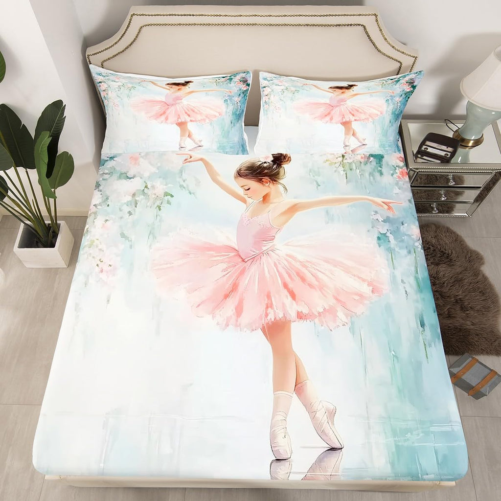 Erosebridal Pink Ballet Bedding Set - Cute Princess Fitted Sheet for Girls Kids Ballet Dancer, Rose Flower Print Bed Sheets Girly Dancing Love Gymnastics Bed Set Modern Trendy Pastel Sheets Twin