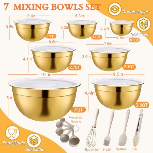 7 Pack Gold Mixing Bowls Set with 5 PCS Kitchen Accessories, Stainless Steel Nesting Mixing Bowls with Airtight Lids, Baking, Prepping and Serving Food, Stackable Size 7,3.6,2.7,2.1,1.5,1.1,0.8QT