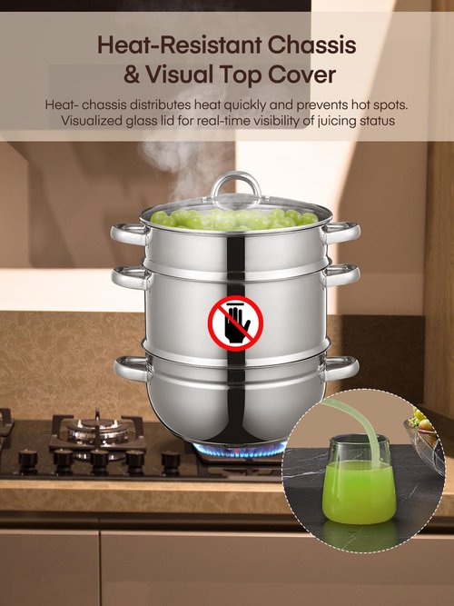 FOHERE 11Qt Steam Juicer Extractor Stainless Steel, Juice Steamer Pot for Fruit & Vegetables with Glass Lid, Hose, Clamp, Loop Handles, Ideal for Making Fresh Juice, Jelly, and Sauces