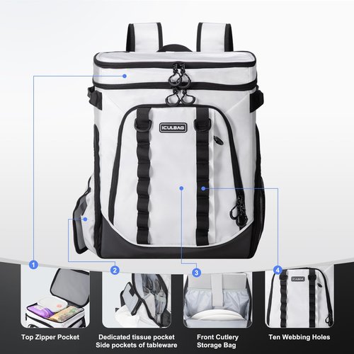 iculbag Cooler Backpack Insulated Waterproof 36cans Lunch Bags for Women Men Camping Beach Picnic Travel Soft Sided Cooler Bag for 18 Hours Cooling White 30L